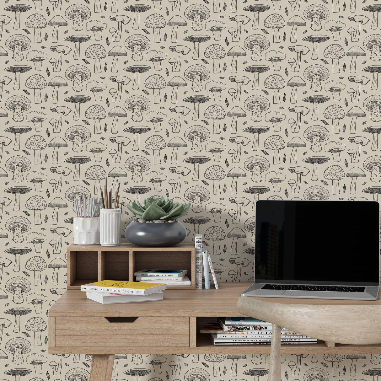 Vintage Black Mushroom Wallpaper - Hand Drawn Peel and Stick Wallpaper