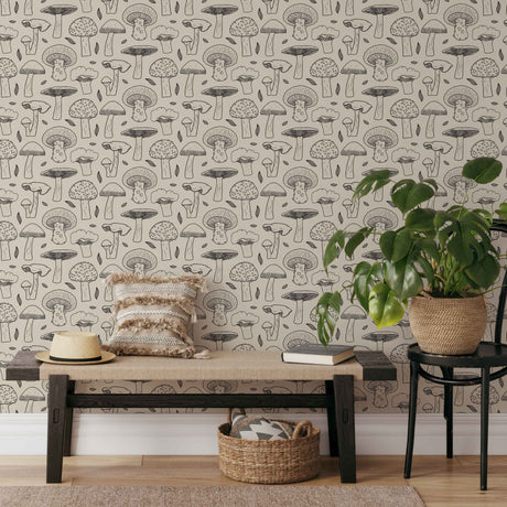 Vintage Black Mushroom Wallpaper - Hand Drawn Peel and Stick Wallpaper