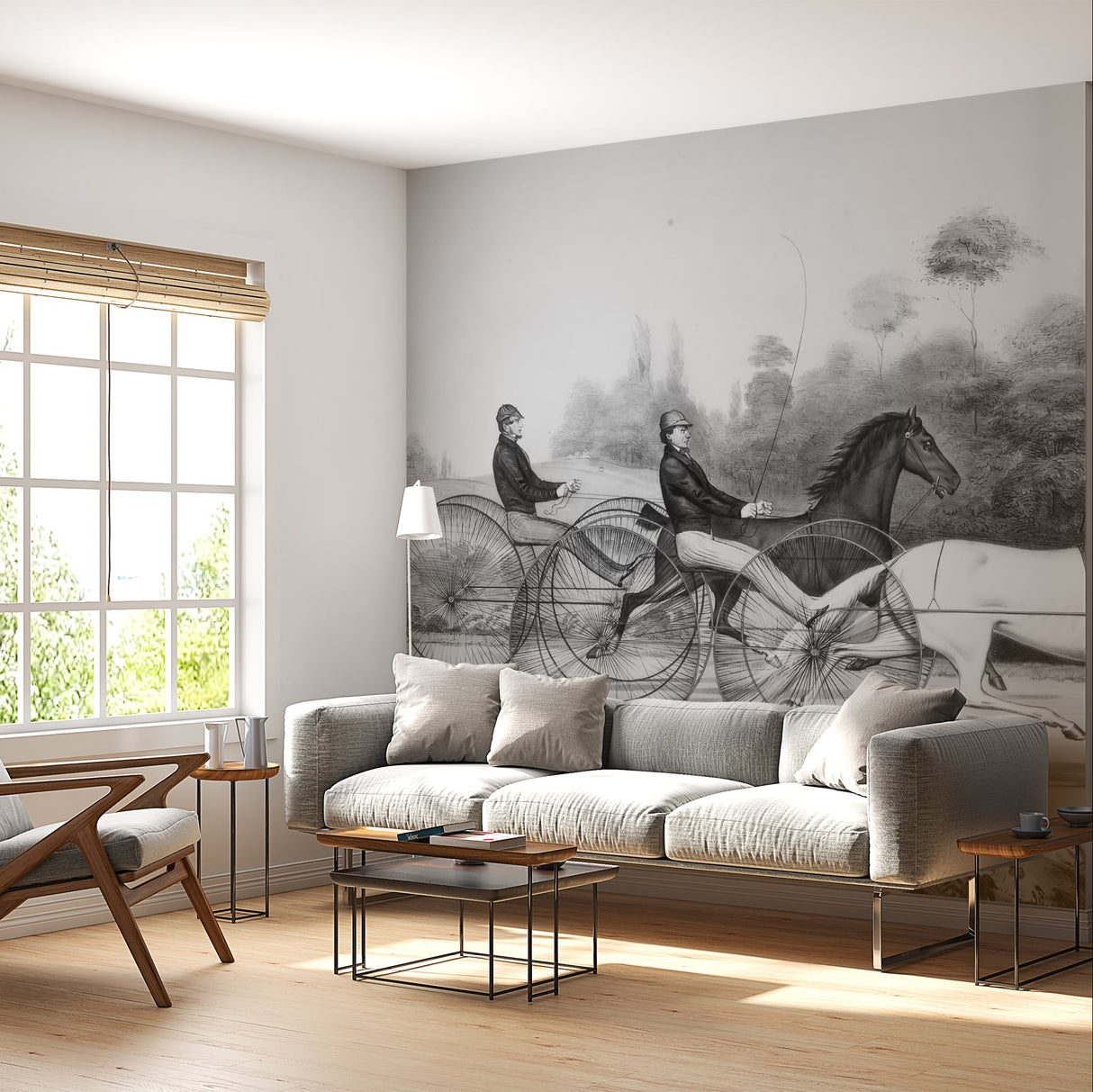 Vintage Horse Racing Black and White Wallpaper Mural