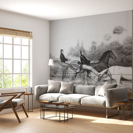 Vintage Horse Racing Black and White Wallpaper Mural