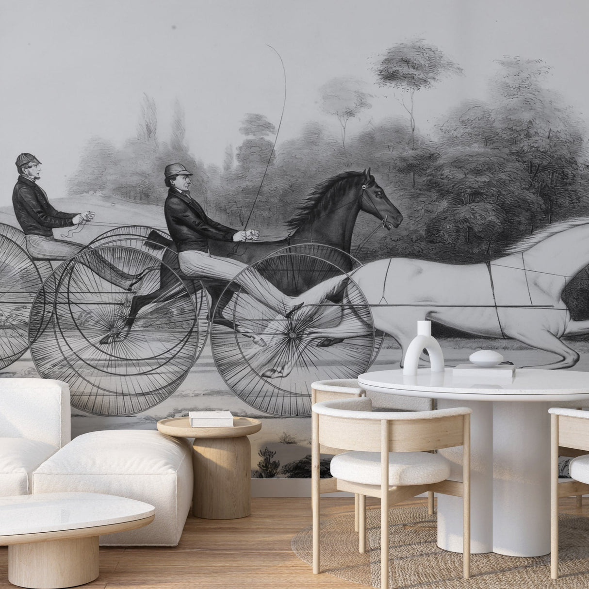 Vintage Horse Racing Black and White Wallpaper Mural
