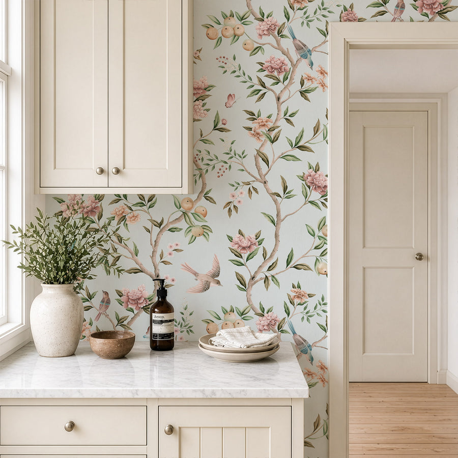 Light Blue & Pink Chinoiserie Olivia's Garden Wallpaper - hand painted peonies and birds on ice blue background by Maja Pitschmann