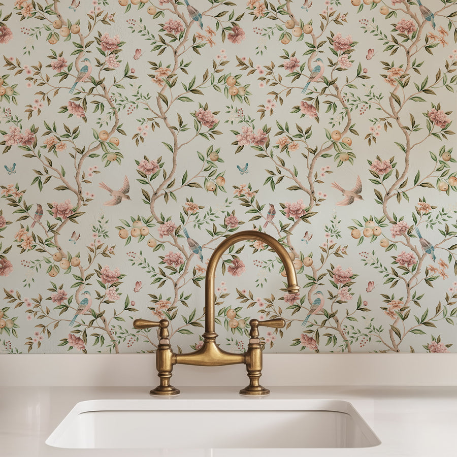 Pink chinoiserie peel and stick wallpaper with peonies and garden birds - made in USA by EazzyWalls