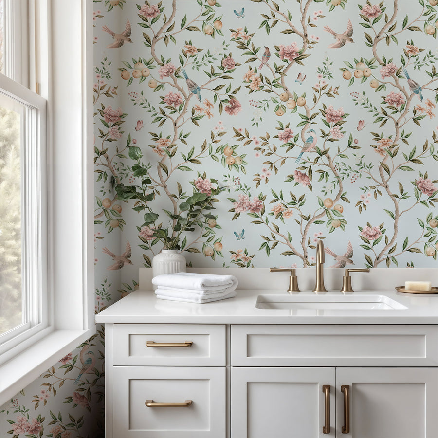 Pink chinoiserie wallpaper with hand painted peonies and songbirds in kitchen setting - peel and stick or traditional Type II
