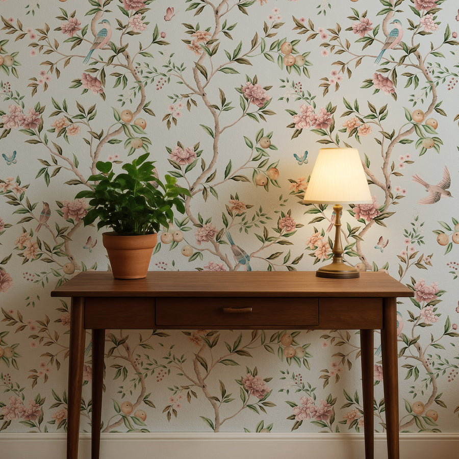 Pink and light blue chinoiserie bird garden wallpaper in entryway - removable peel and stick wallpaper by EazzyWalls