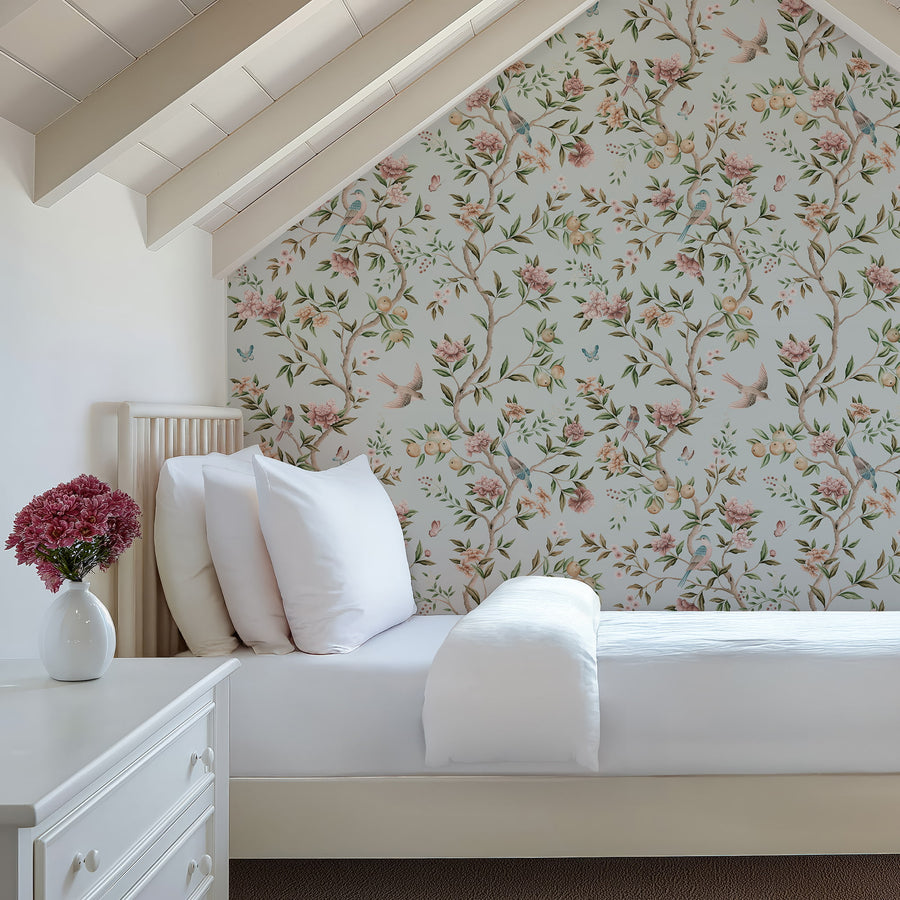 Chinoiserie peony wallpaper in pink and light blue - hand painted birds and botanical garden bedroom wallpaper