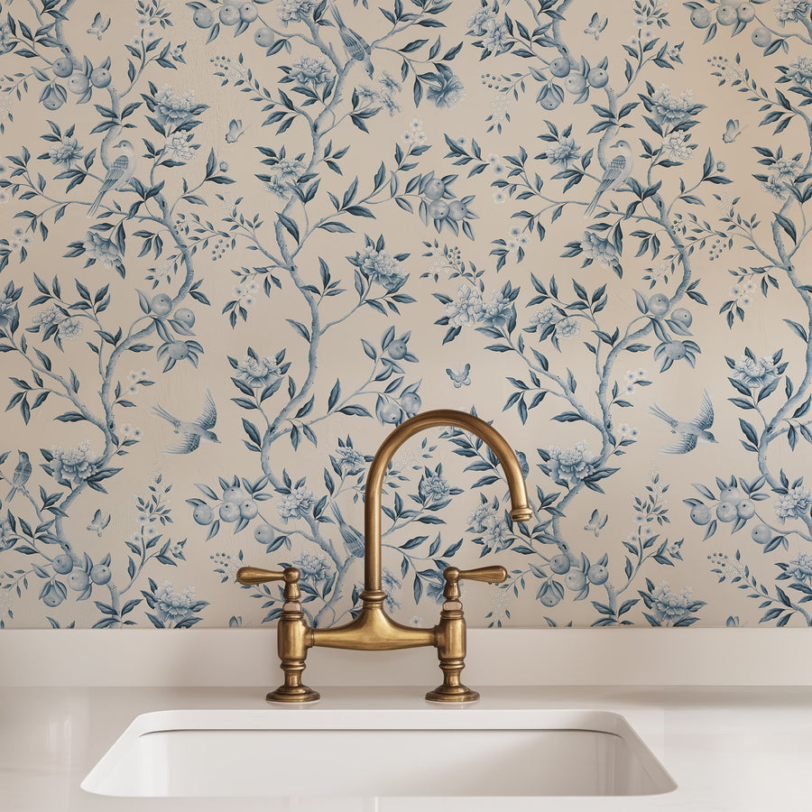 Blue chinoiserie peel and stick wallpaper with birds and botanical garden motifs - made in USA by EazzyWalls