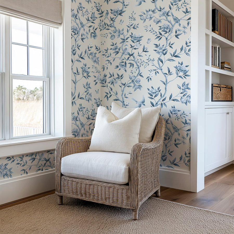 Blue chinoiserie wallpaper with hand painted songbirds among flowering branches - peel and stick or traditional Type II