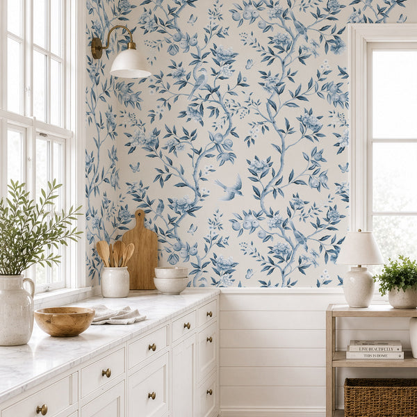 Chinoiserie bird wallpaper in blue and cream - hand painted pomegranates and butterflies accent wall wallpaper