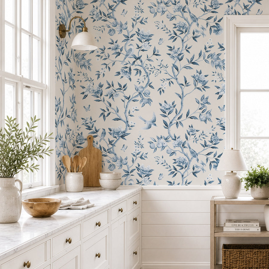 Chinoiserie bird wallpaper in blue and cream - hand painted pomegranates and butterflies accent wall wallpaper