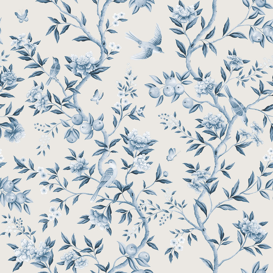 Blue chinoiserie garden wallpaper pattern repeat tile - birds, pomegranates, butterflies and blossoms in porcelain blue on cream