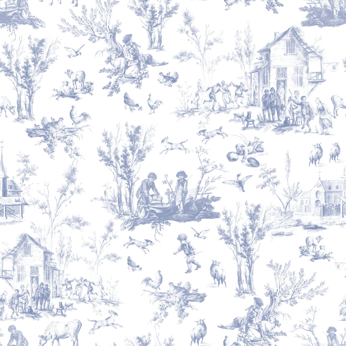 French Country Pattern Background Blue Village Toile Wallpaper | French Country Pattern
