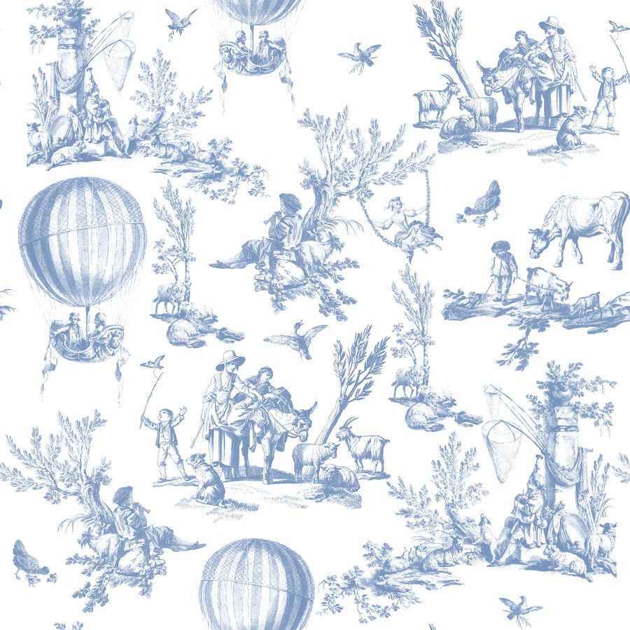 Blue Watercolor Toile Wallpaper – Hot Air Balloon Pattern