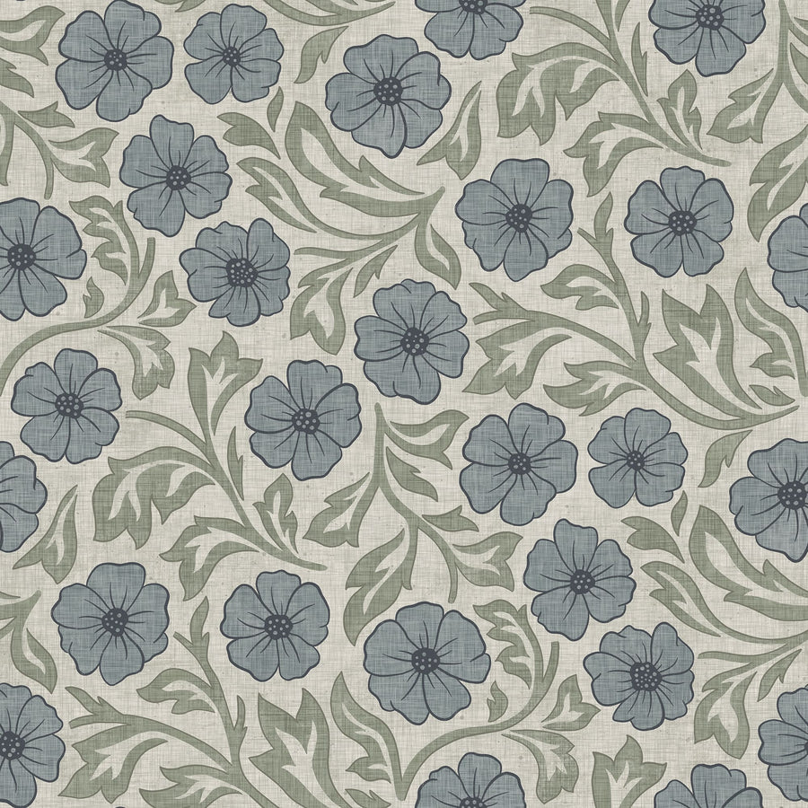 Blue and Green Linen Flowers Wallpaper – Hand-Drawn Vintage Floral