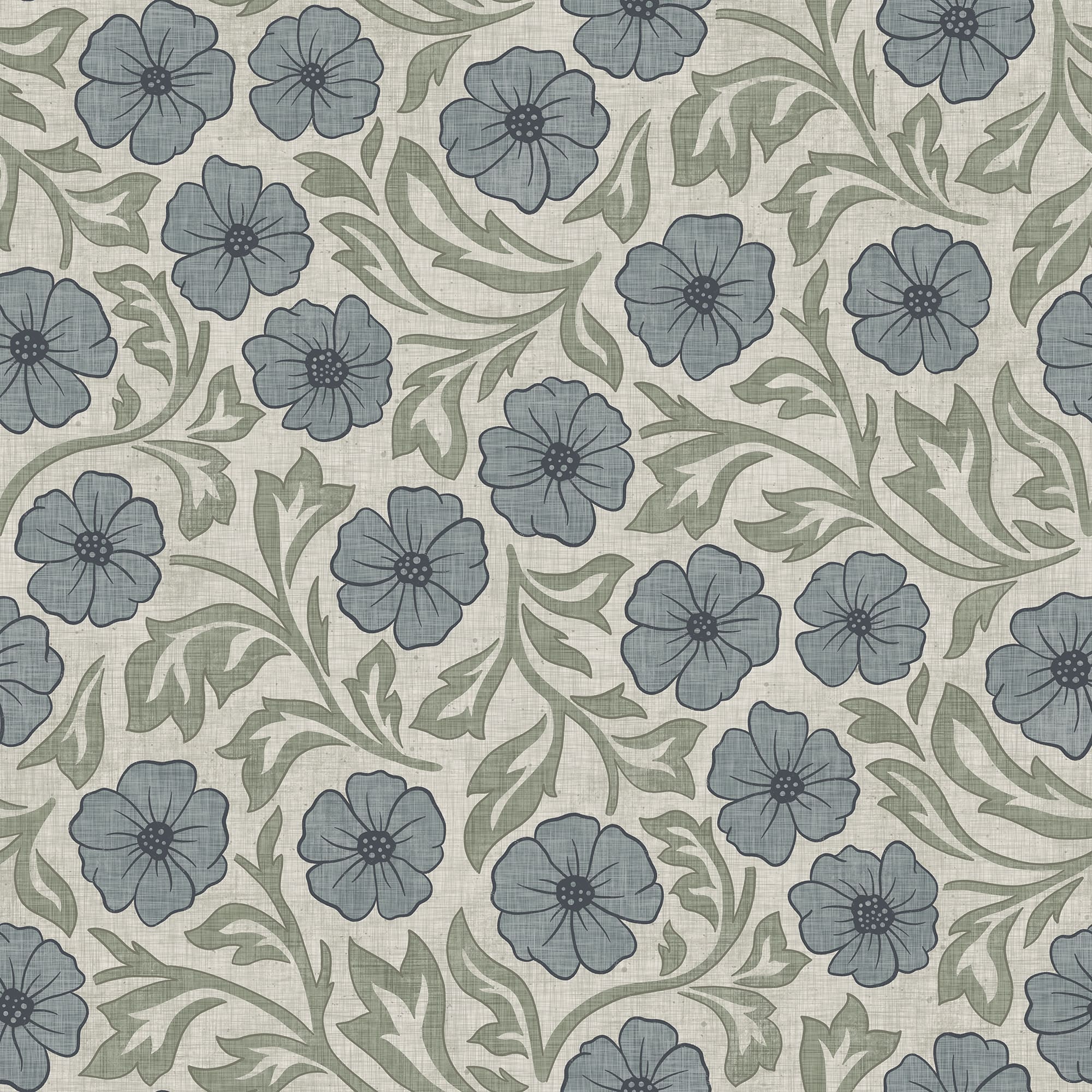 Blue and Green Floral Wallpaper - Vintage Hand-Drawn by Jasmine