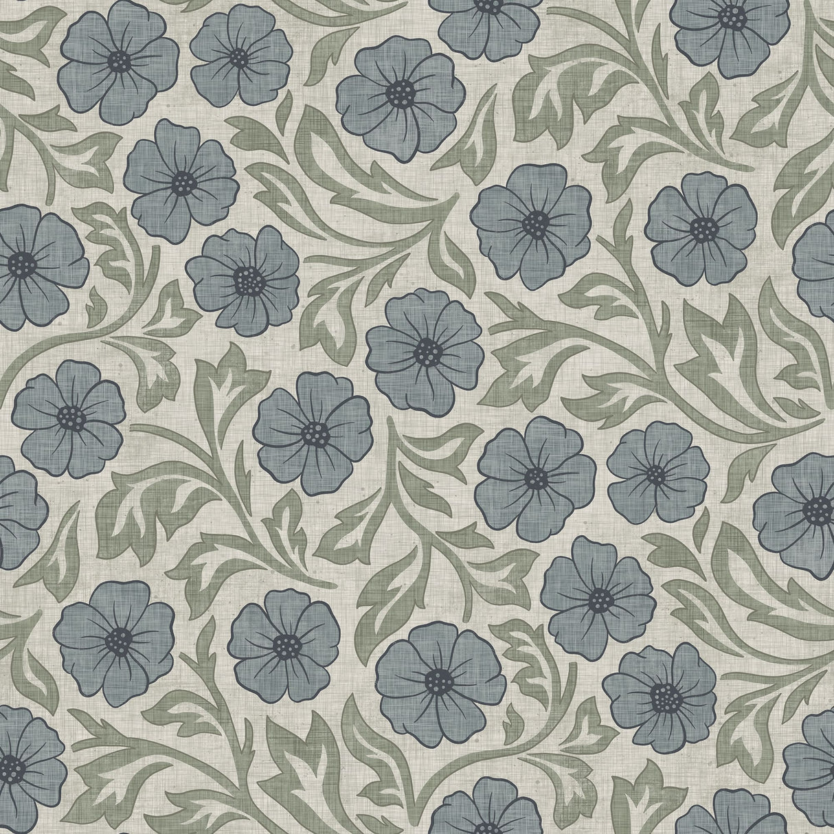 Blue and Green Linen Flowers Wallpaper - Hand-Drawn Vintage Floral