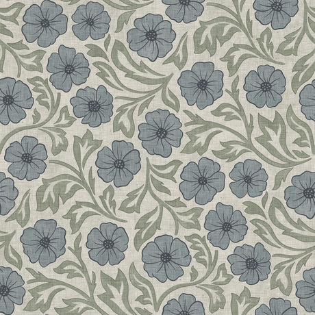 Blue and Green Linen Flowers Wallpaper - Hand-Drawn Vintage Floral