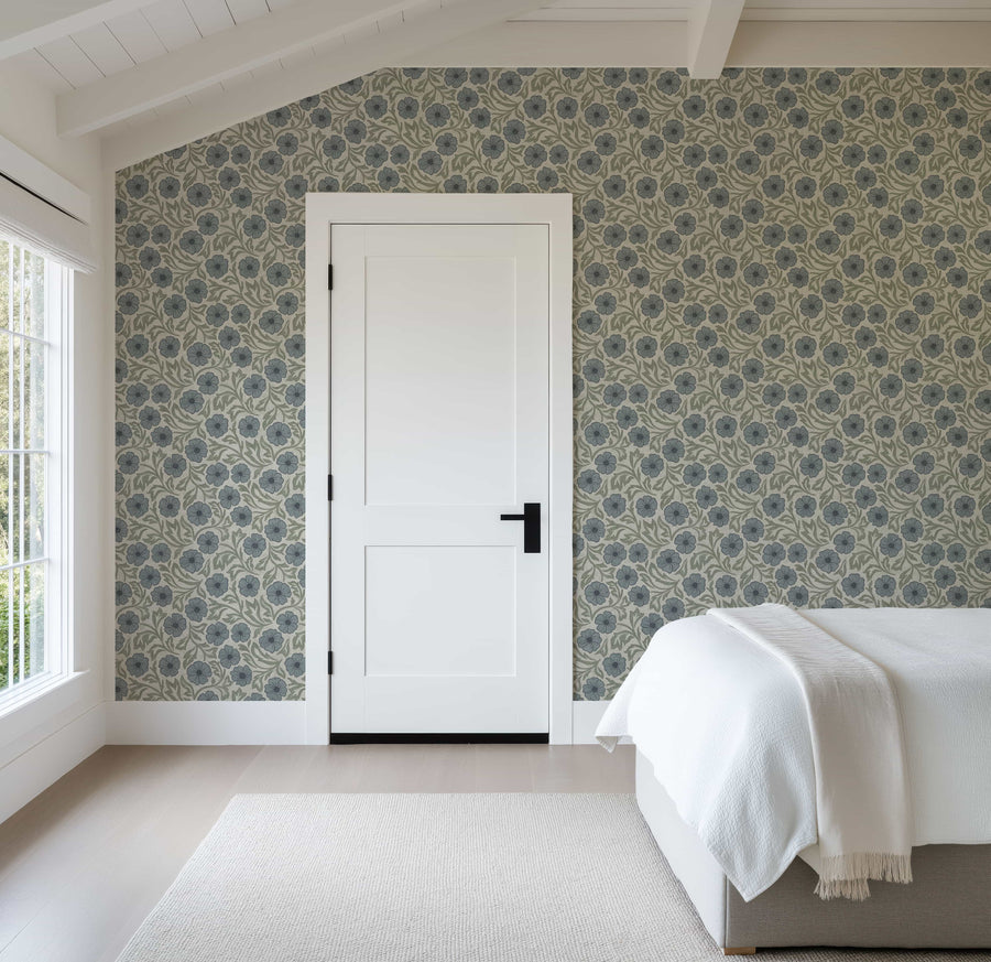 Blue and Green Linen Flowers Wallpaper - Hand-Drawn Vintage Floral