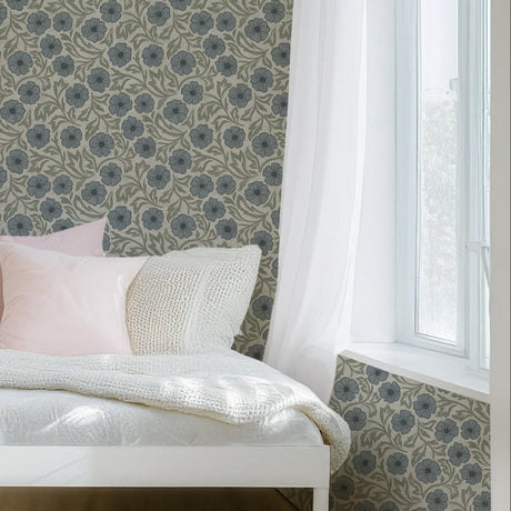 Blue and Green Linen Flowers Wallpaper - Hand-Drawn Vintage Floral