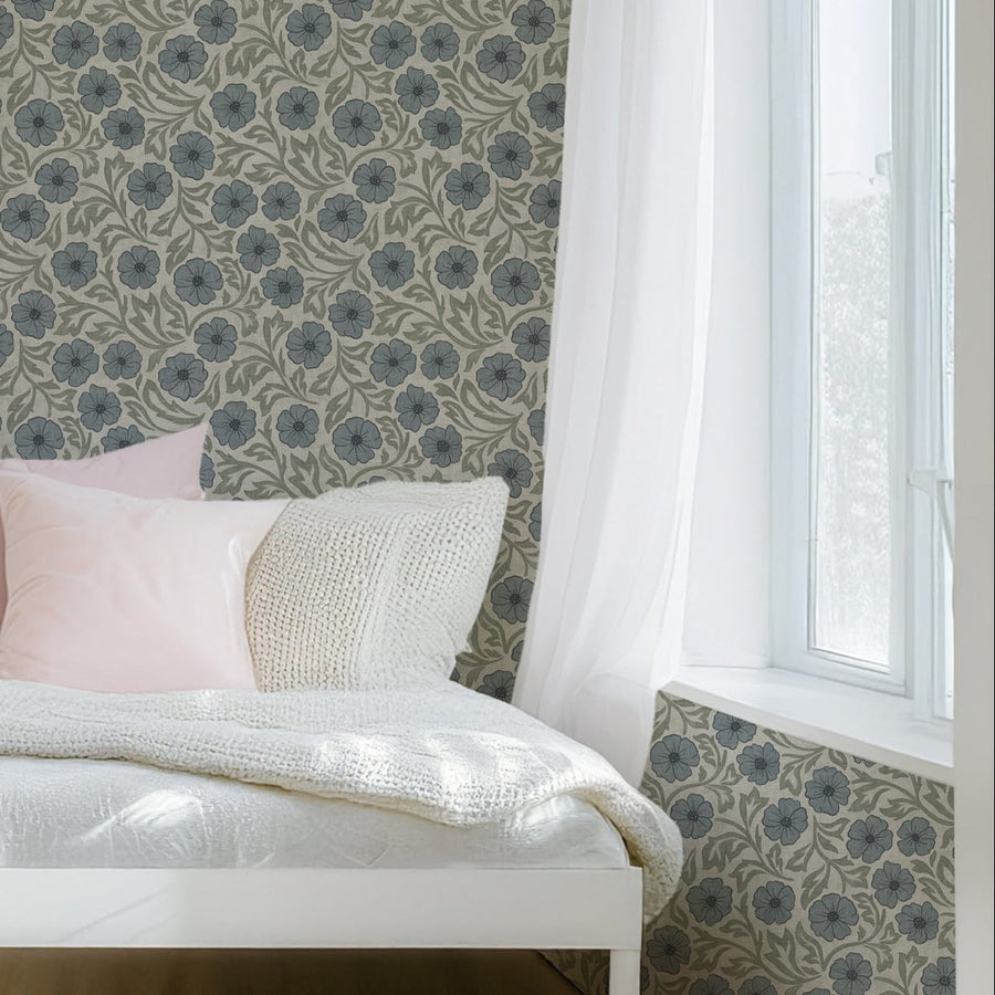 Blue and Green Linen Flowers Wallpaper - Hand-Drawn Vintage Floral
