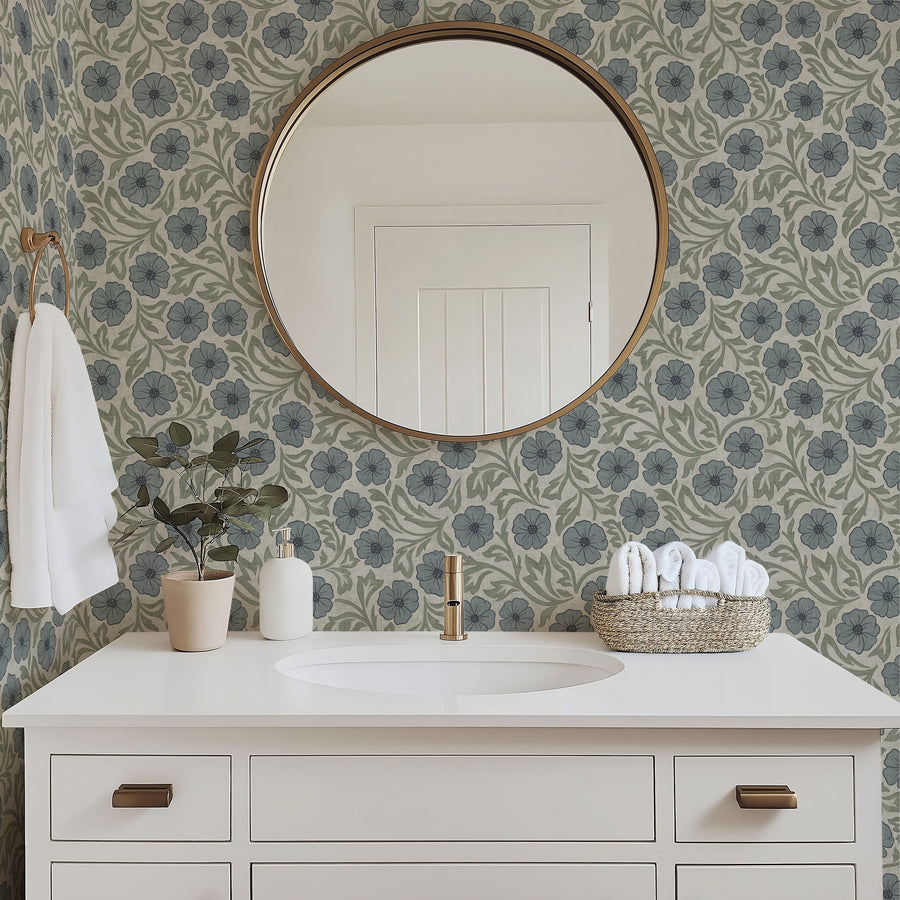 Blue and Green Linen Flowers Wallpaper - Hand-Drawn Vintage Floral