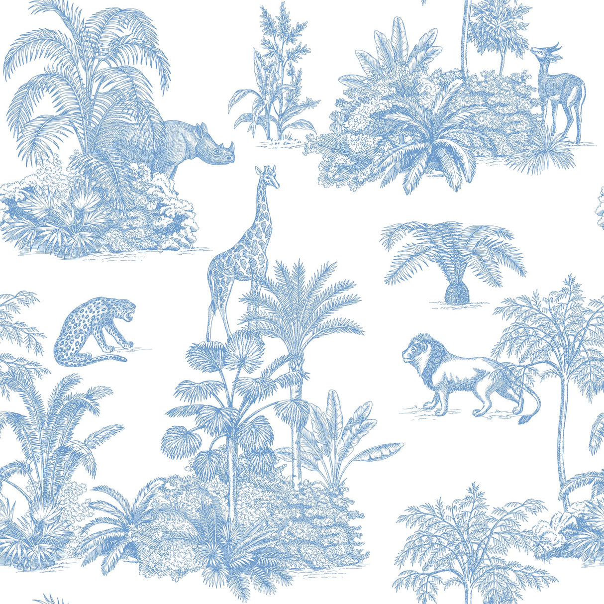 Blue Safari Toile Wallpaper | Hand-Drawn Jungle Wallcovering