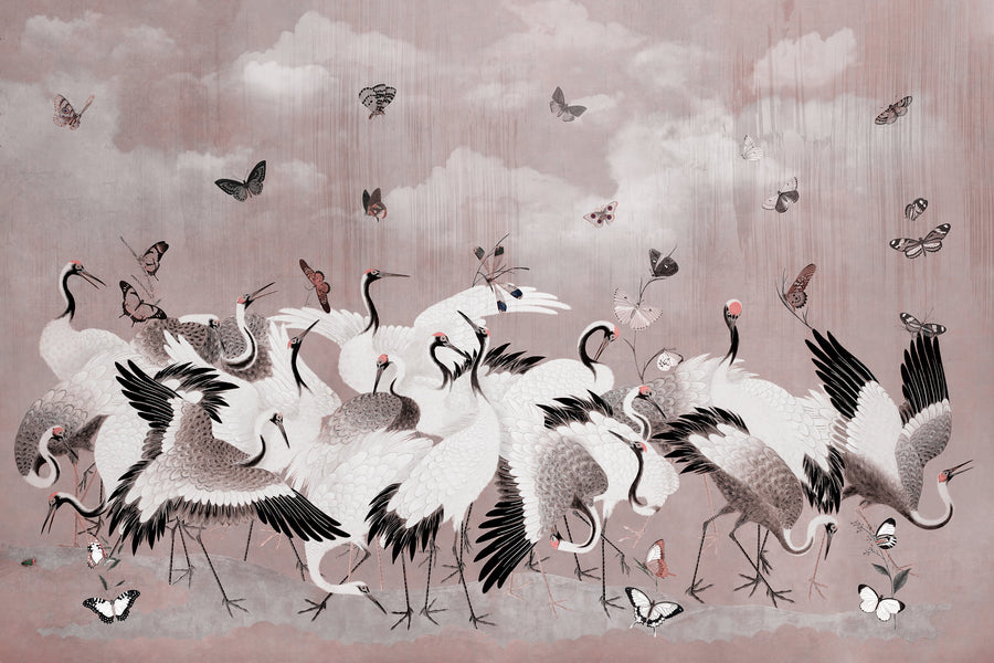 Blush Pink Japanese Chinoiserie Cranes Wall Mural