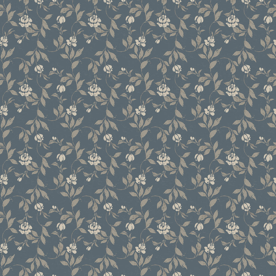 Blythe wallpaper in navy blue featuring a trailing floral vine pattern with cream and taupe flowers