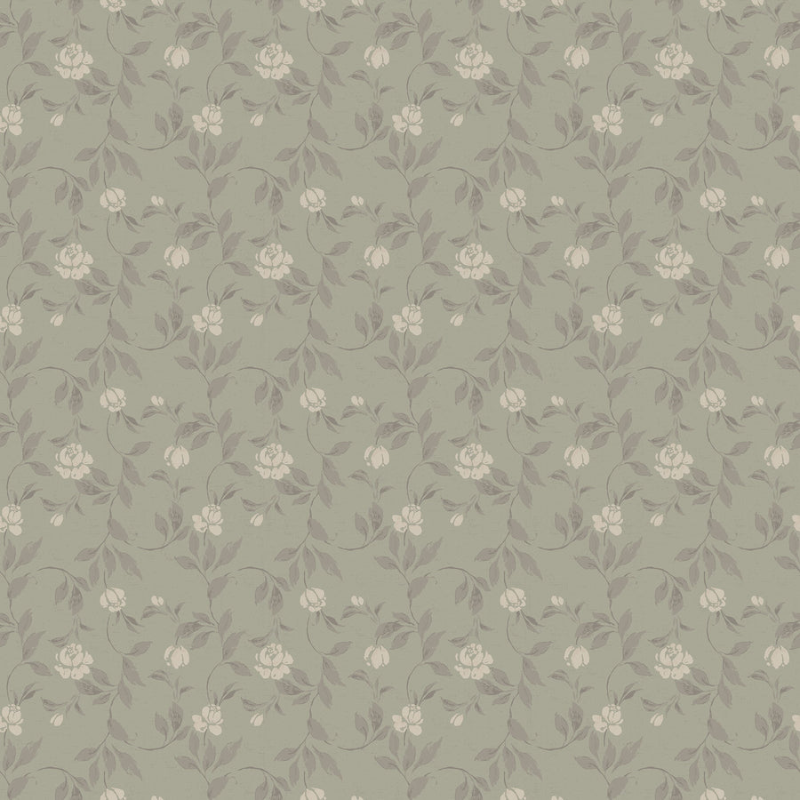 Blythe wallpaper in sage green featuring a trailing floral vine pattern in soft cream and taupe