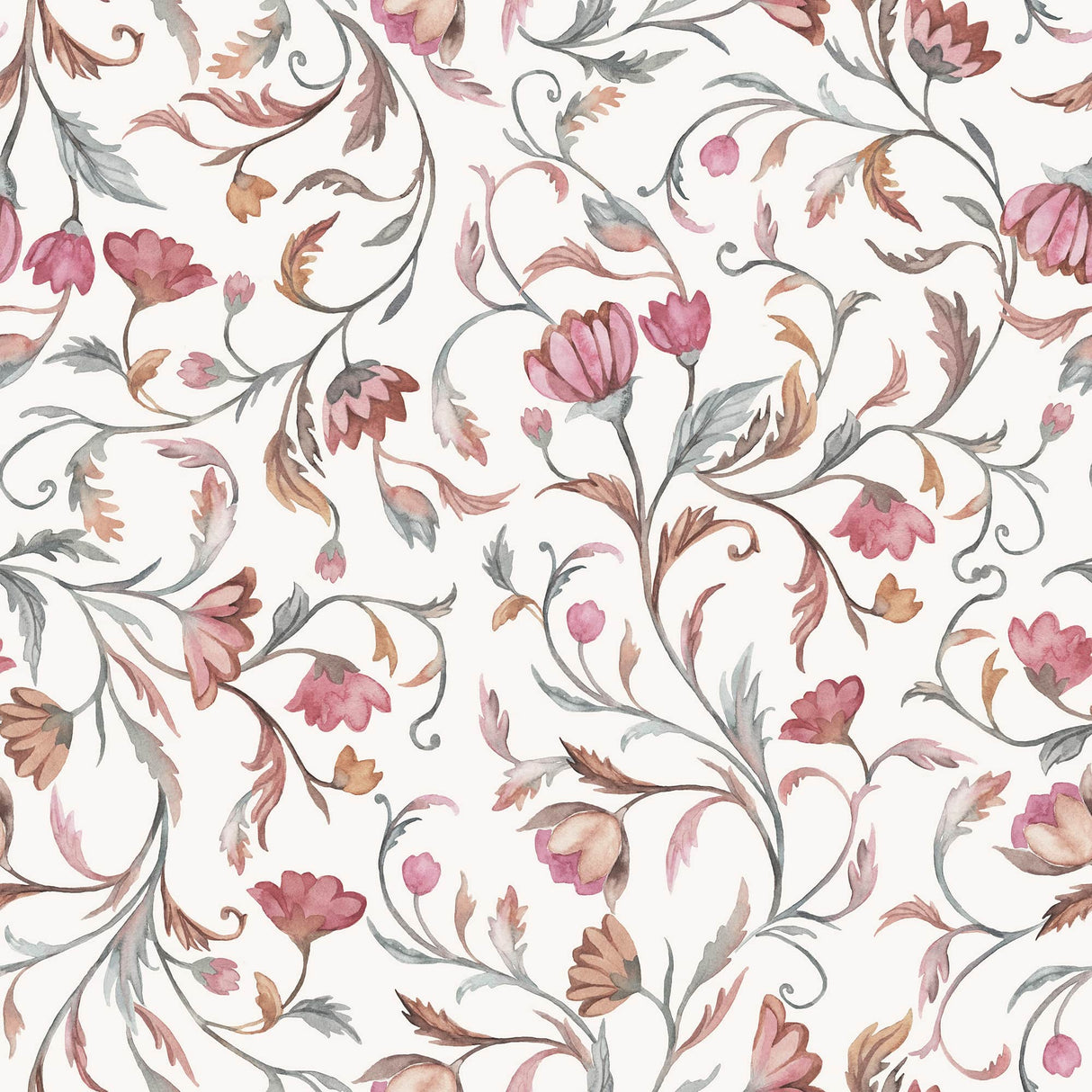Blush Vine Elegance – Handpainted Floral Wallpaper in Rosewood & Taupe