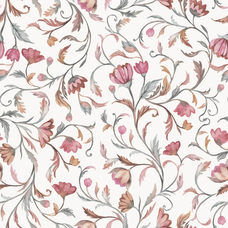 Blush Vine Elegance – Handpainted Floral Wallpaper in Rosewood & Taupe