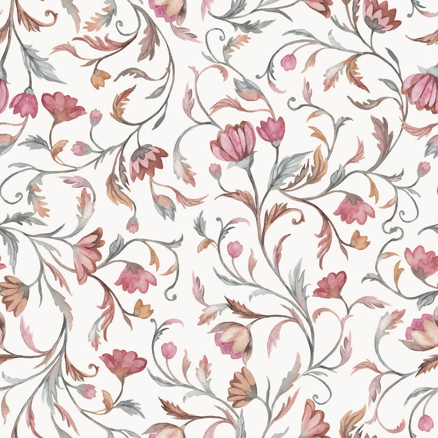 Blush Vine Elegance – Handpainted Floral Wallpaper in Rosewood & Taupe