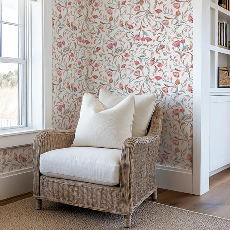 Blush Vine Elegance – Handpainted Floral Wallpaper in Rosewood & Taupe