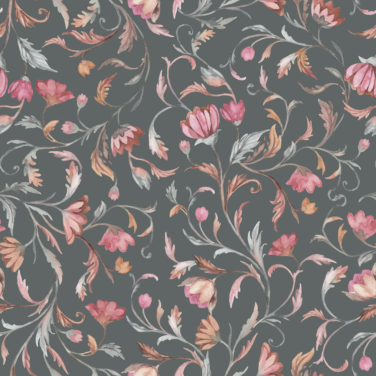 Midnight Bloom – Moody Floral Wallpaper in Rosewood & Charcoal