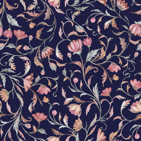 Twilight Garden – Dark Navy Floral Wallpaper with Vintage Blooms