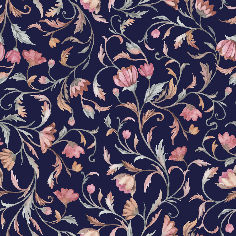 Twilight Garden – Dark Navy Floral Wallpaper with Vintage Blooms