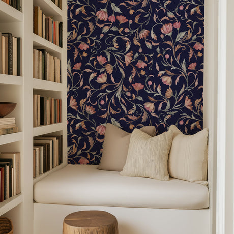 Twilight Garden – Dark Navy Floral Wallpaper with Vintage Blooms