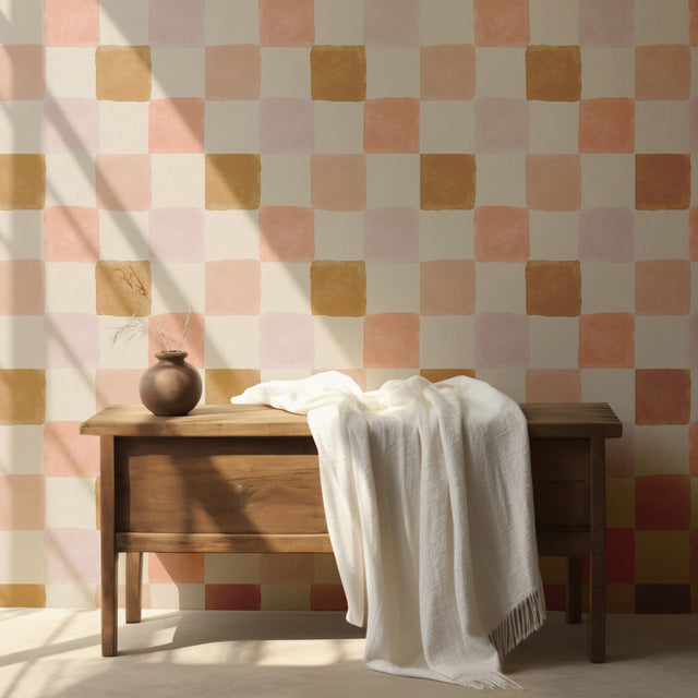 Artisan Checkered Wallpaper – Warm Terracotta and Mustard Tones