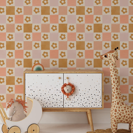 Retro Flower Checkered Wallpaper - Playful 60s Design in Warm Tones