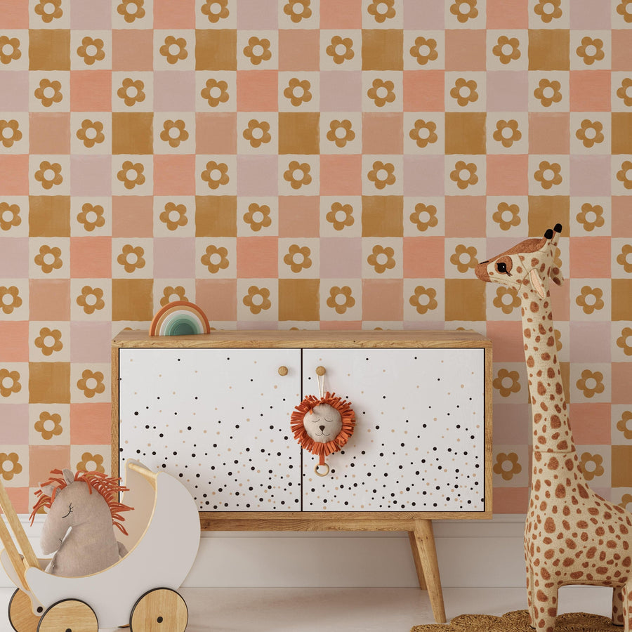 Retro Flower Checkered Wallpaper - Playful 60s Design in Warm Tones