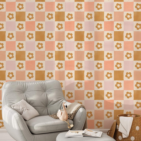 Retro Flower Checkered Wallpaper – Playful 60s Design in Warm Tones