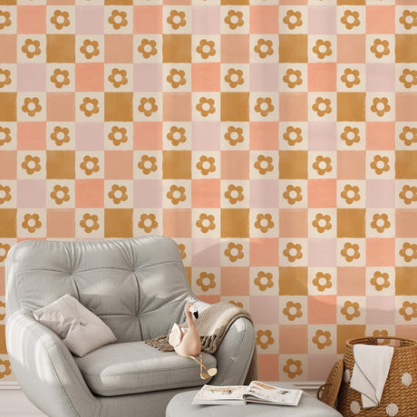 Retro Flower Checkered Wallpaper - Playful 60s Design in Warm Tones