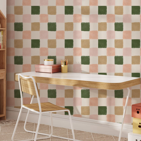 Warm Green and Pink Checkered Wallpaper - Earthy & Pastel Tones Wallpaper