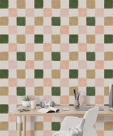 Warm Green and Pink Checkered Wallpaper – Earthy & Pastel Tones Wallpaper