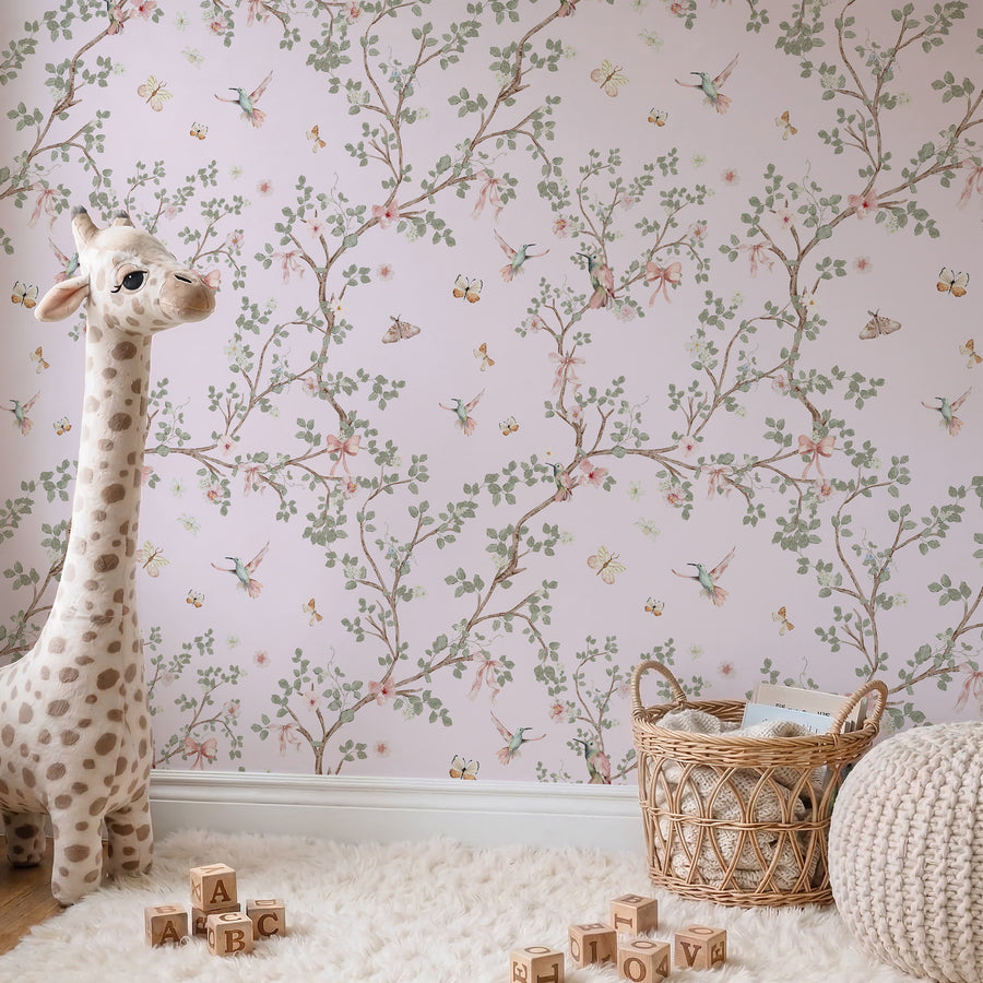 Children's room with Pink Hummingbird Wallpaper – Chinoiserie Branches & Bows
