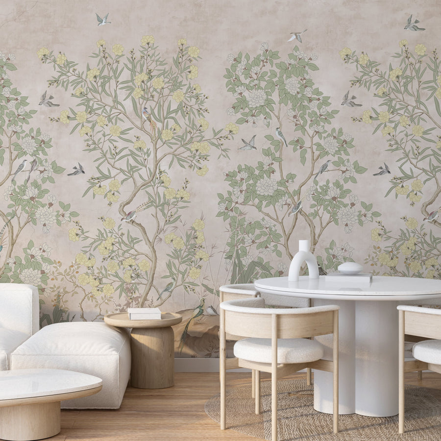 Chinoiserie Floral Wallpaper Mural - Vintage Birds and Blossoms Peel and Stick