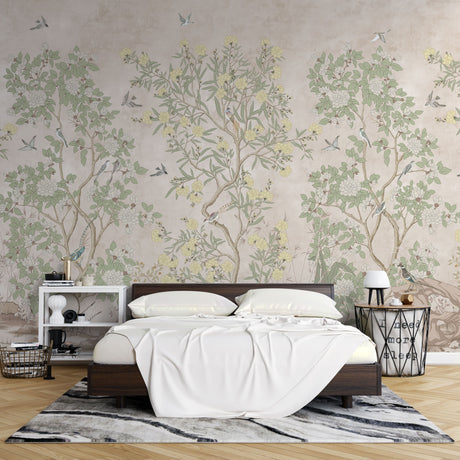 Chinoiserie Floral Wallpaper Mural - Vintage Birds and Blossoms Peel and Stick