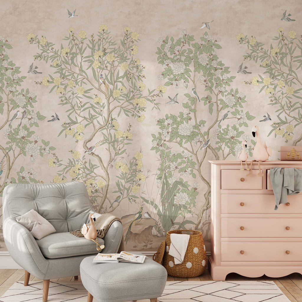 Chinoiserie Floral Wallpaper Mural - Vintage Birds and Blossoms Peel and Stick
