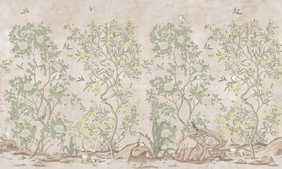 Chinoiserie Floral Wallpaper Mural - Vintage Birds and Blossoms Peel and Stick