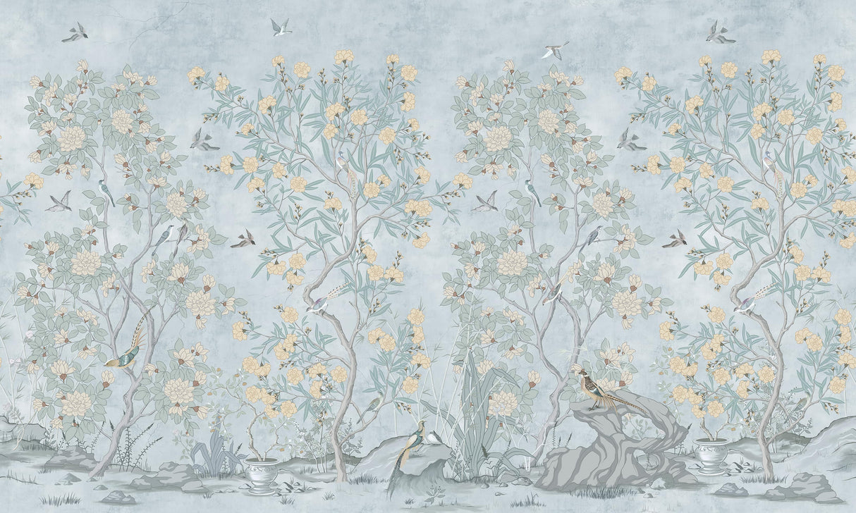 Blue Chinoiserie Wall Mural - Hand Painted Birds and Blossoms Wallpaper